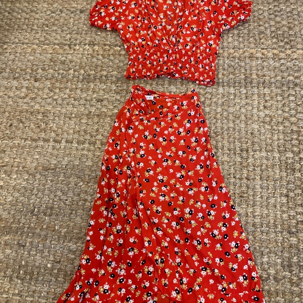 Anthropologie Red Floral Wrap Skirt and Crop Top Set, Size M